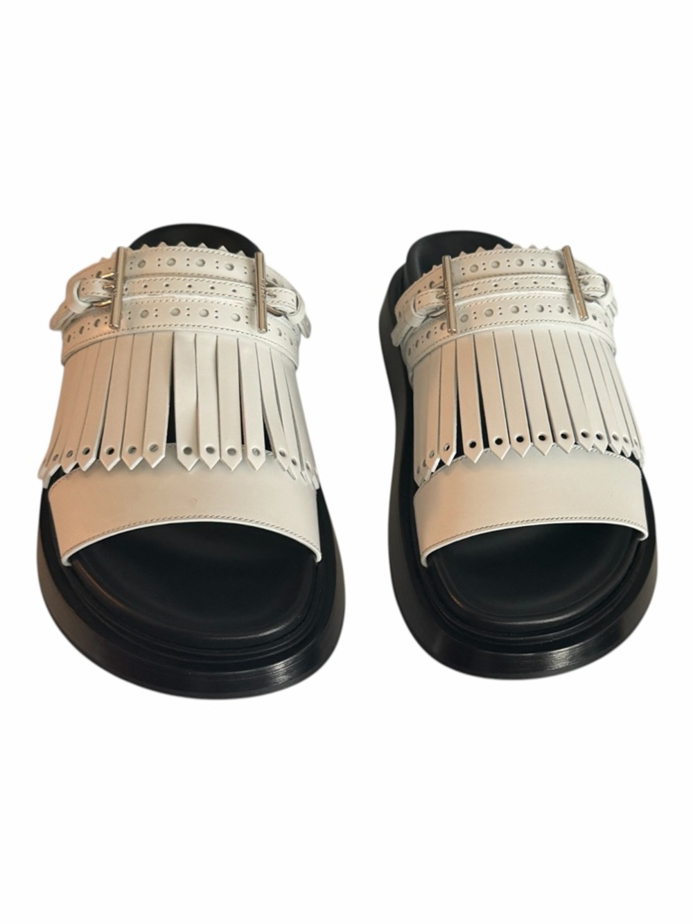 Alexander McQueen Fringe Slide Sandals White Silver Leather EU 39 NIB MSRP $990